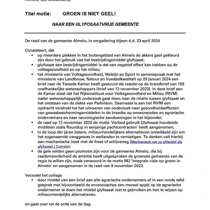 CDAAlmelo's tweet photo. Een glyfosaat vrije maatschappij. Zie ons standpunt! Verdedigd en ingediend door ons raadslid @PRTulp 
#vooreenleefbarestadwaariedereenmeetelt https://t.co/1xEUBQbyfy