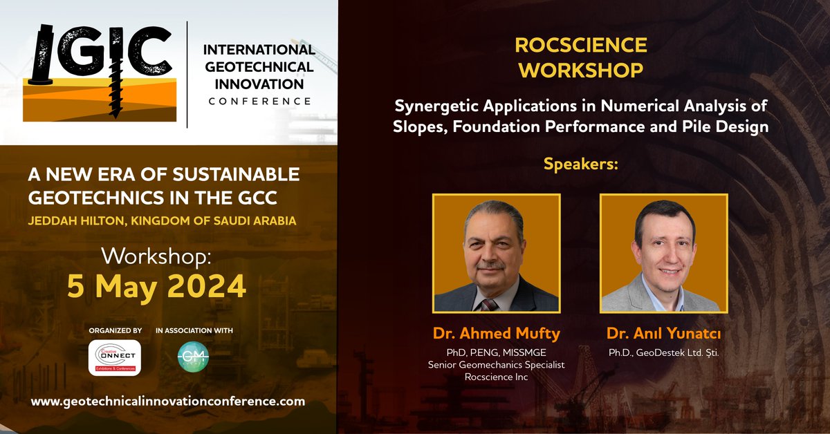 gmgroupdxb's tweet image. Explore &quot;Synergistic Applications in Numerical Analysis of Slope Foundation Performance and Pile Design&quot; with experts Dr. Ahmed Mufty and Dr. Anıl Yunatcı.  Register Now: bit.ly/3WkpVXb #IGIC #GeotechnicalInnovation #Rocscience