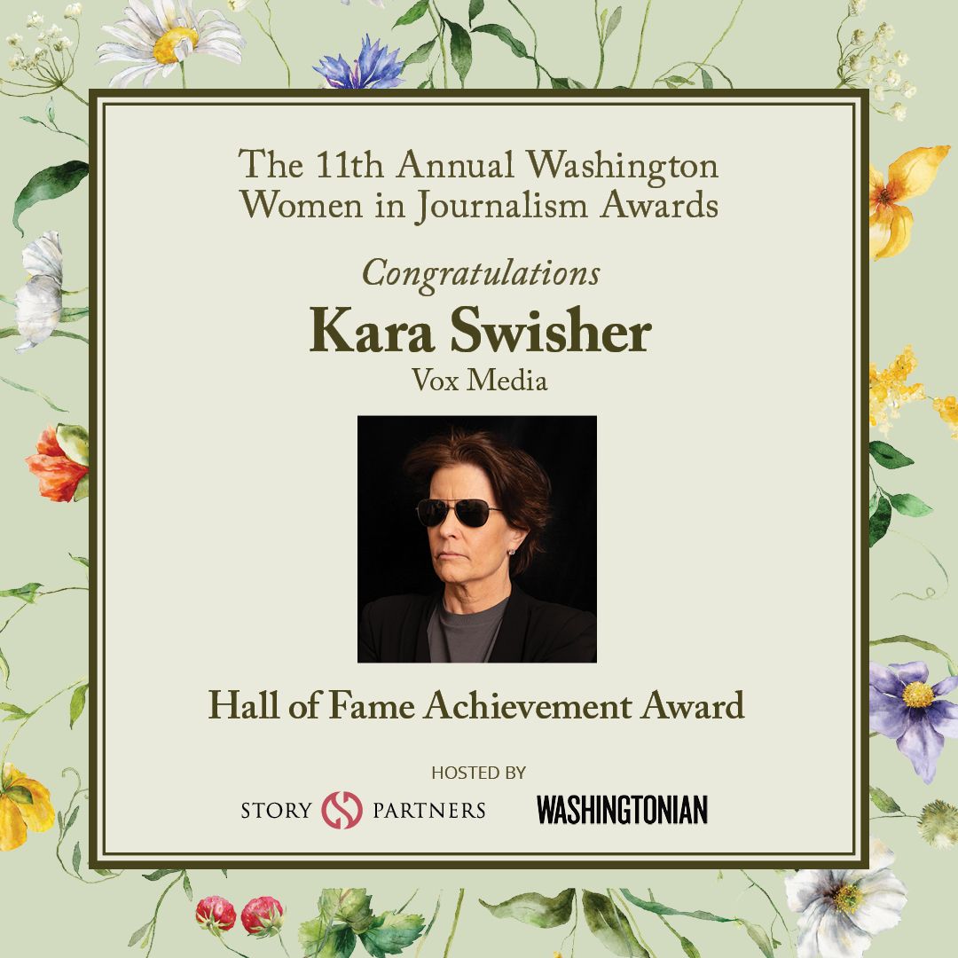 🏆 Tonight, the 11th Annual Washington Women in Journalism Awards, co-hosted by Story Partners and @Washingtonian, will honor four female journalists in our nation's capital. Vox Media's Kara Swisher will receive the Hall of Fame Achievement Award. bit.ly/3W4RNym