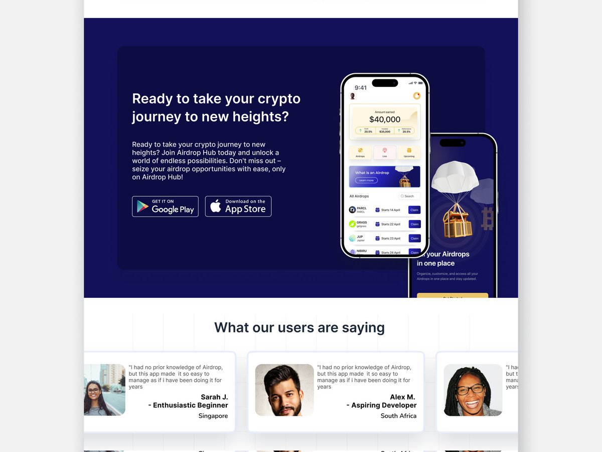 Day 4 
Designed a landing page  for the Airdrop app I posted on Day 1
Let me know what you think in the comments. 

#30daysofweb3design #web3 #airdrop #Crypto #web3designer #uiux #figma #defi 

@druids01 @0xDesigner