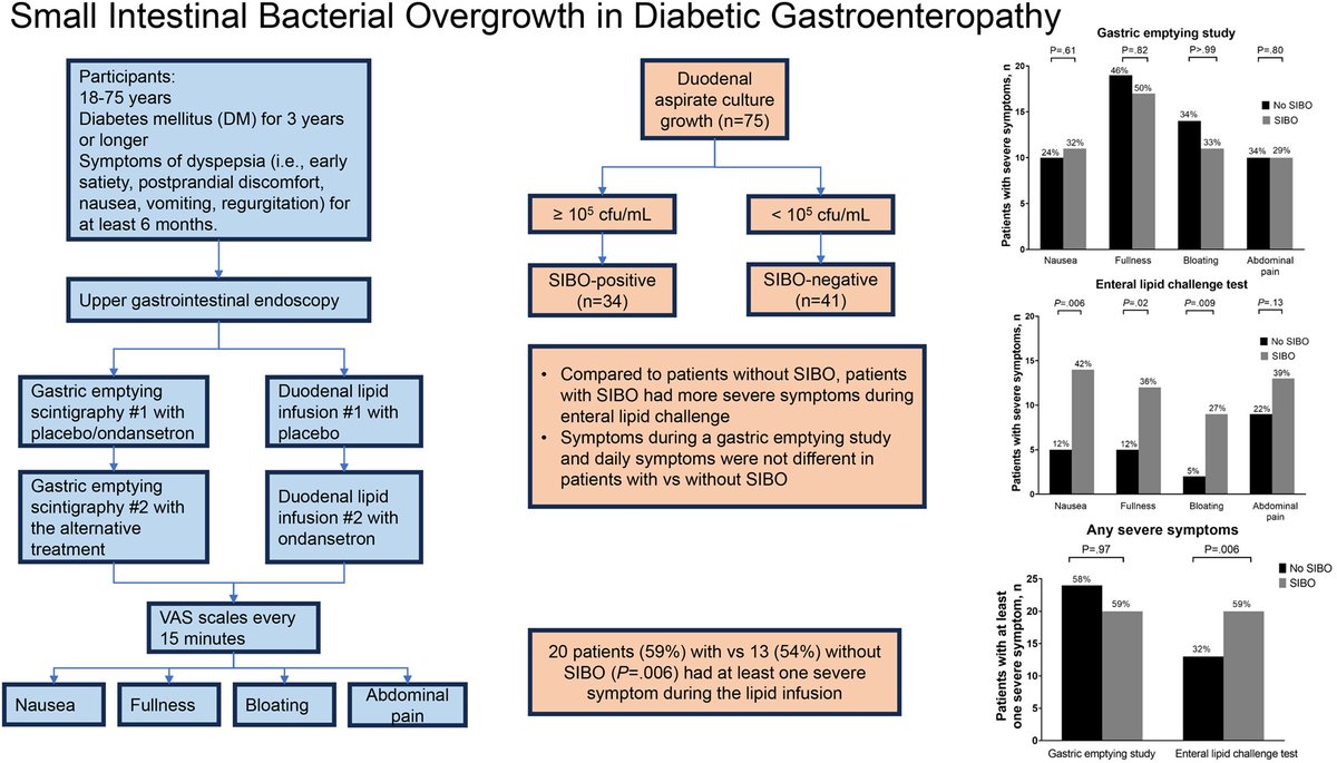 ✅45% of patients with #DiabeticGastroenteropathy have #SIBO🆕🔥 🎯SIBO was associated with symptoms during #EnteralLipidChallenge but not with delayed #GastricEmptying‼️ 👉onlinelibrary.wiley.com/doi/10.1111/nm… #AdilEBharucha & Colleagues @MayoClinicGIHep👏 @ANMSociety @esnm_eu #GITwitter