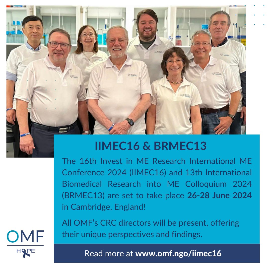 🎉 The 16th Invest in ME Research International ME Conference 2024 #IIMEC16 and 13th International Biomedical Research into ME Colloquium 2024 #BRMEC13 are set to take place 26-28 June 2024 in Cambridge, England! Learn more 👉 omf.ngo/iimec16/.