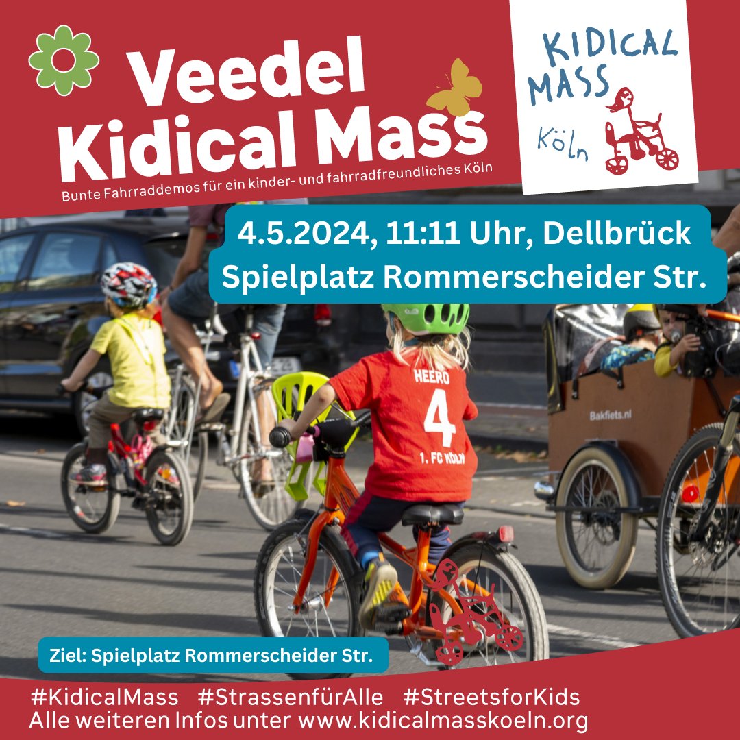 Wir fordern: sichere Fahrradinfrastruktur auch für die Kleinsten für #Dellbrück! Seid dabei, wenn die #VeedelsKidicalMass am
📍4.5. um 11:11 Uhr
🚲Spielplatz Rommerscheider Str. startet. (hier endet sie auch wieder) 
Weitersagen! 
Alle Veedel, alle Termine kidicalmasskoeln.org/veedel-kidical…
