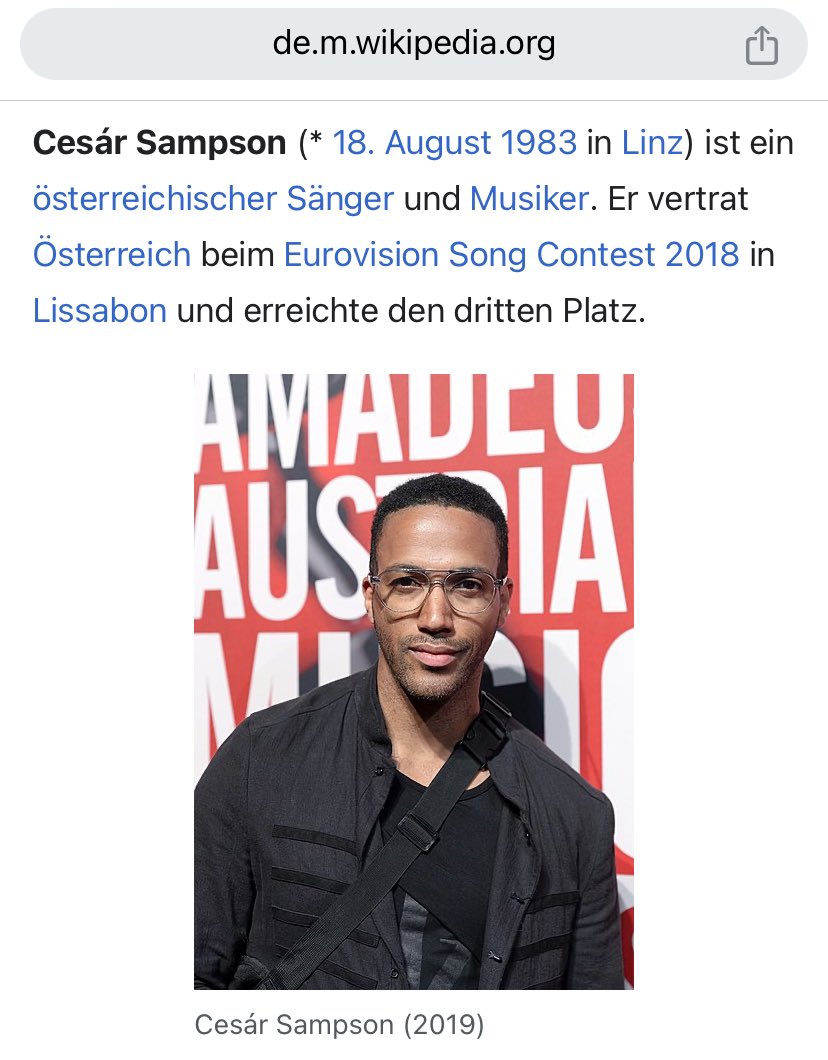 Ich hab vor kurzem @CesarSampson_ getroffen und ihm gesagt, dass es mir leid tut, dass er damals beim Song Contest letzter geworden ist, obwohl sein Auftritt so gut war. Zu meinem Glück ist er höflich geblieben.
