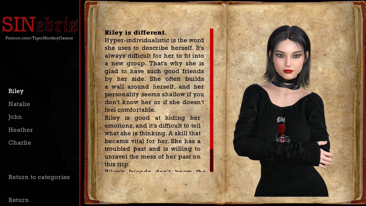 Heather &amp; Charlie are finally done, and we can continue making renders and getting the game forward.

Completely unreleated but here is Riley's Codex Page again.
Read more about "SINebris" on Patreon:
patreon.com/tigermonkeygam…