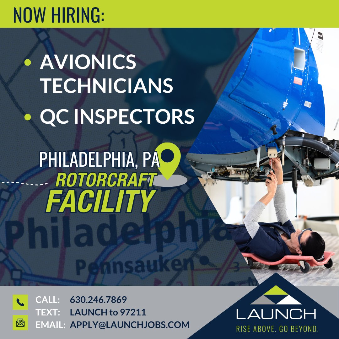 APPLY DIRECTLY FROM OUR WEBSITE:
launchtws.com/jobs/?category…

#GoWithLAUNCH #weleadwepartnerwecare #aviation #helicopter #rotorcraft #aerospace #maintenance #overhaul #structures #install #troubleshoot #inspector #materials #composites #repair #interior