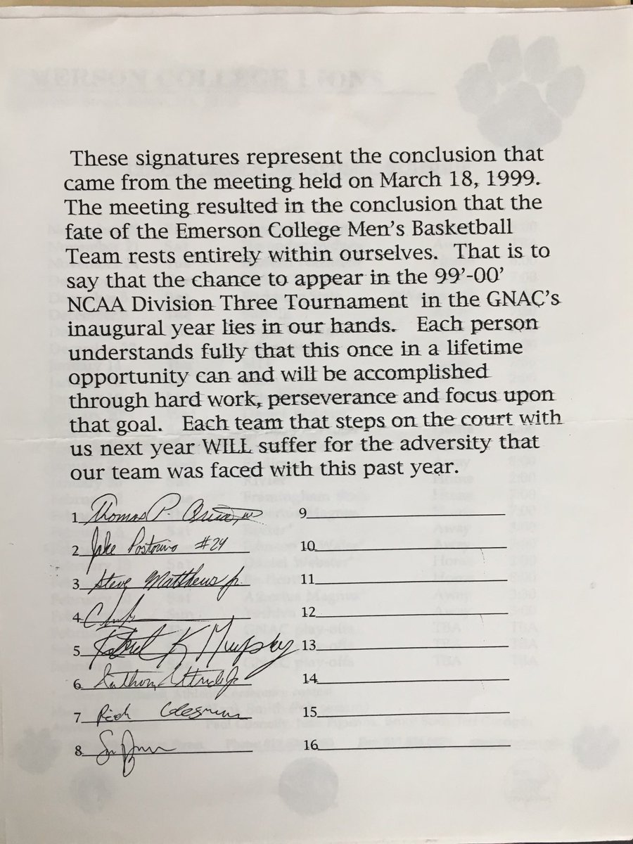 Sam Presti’s teammates at Emerson remember him as serious, driven, and purposeful. After missing most of a season w injuries and seeing teammates cope w personal tragedy, Sam rallied the group by writing an agreement to confirm their commitment to next season. A true leader.