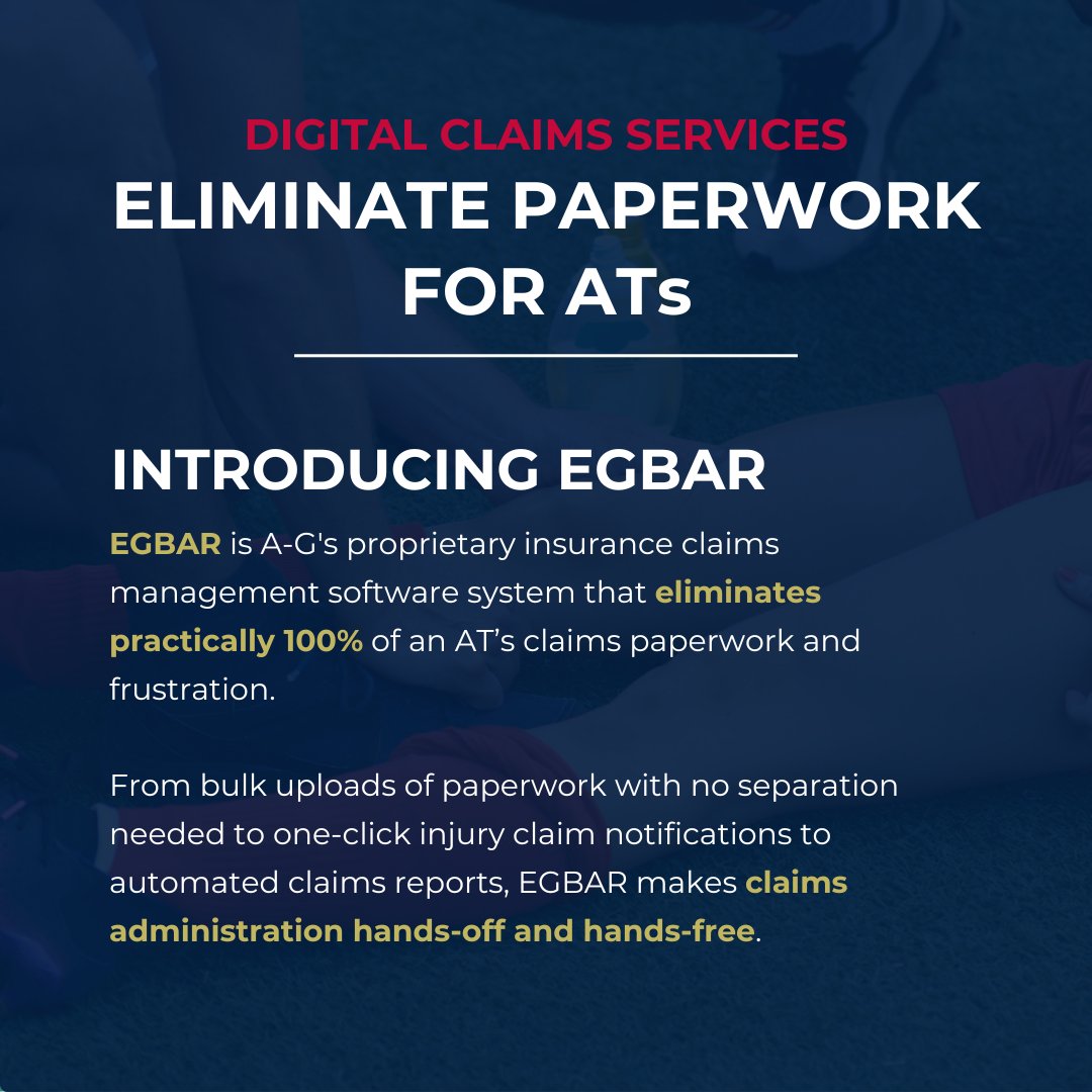 With A-G’s fully digital claims administration, sports insurance paperwork is a thing of the past for ATs. Learn more about EGBAR industry-leading claims management software here. hubs.la/Q02r3mVN0 #ATLife #AG #EGBAR #InsuranceClaims