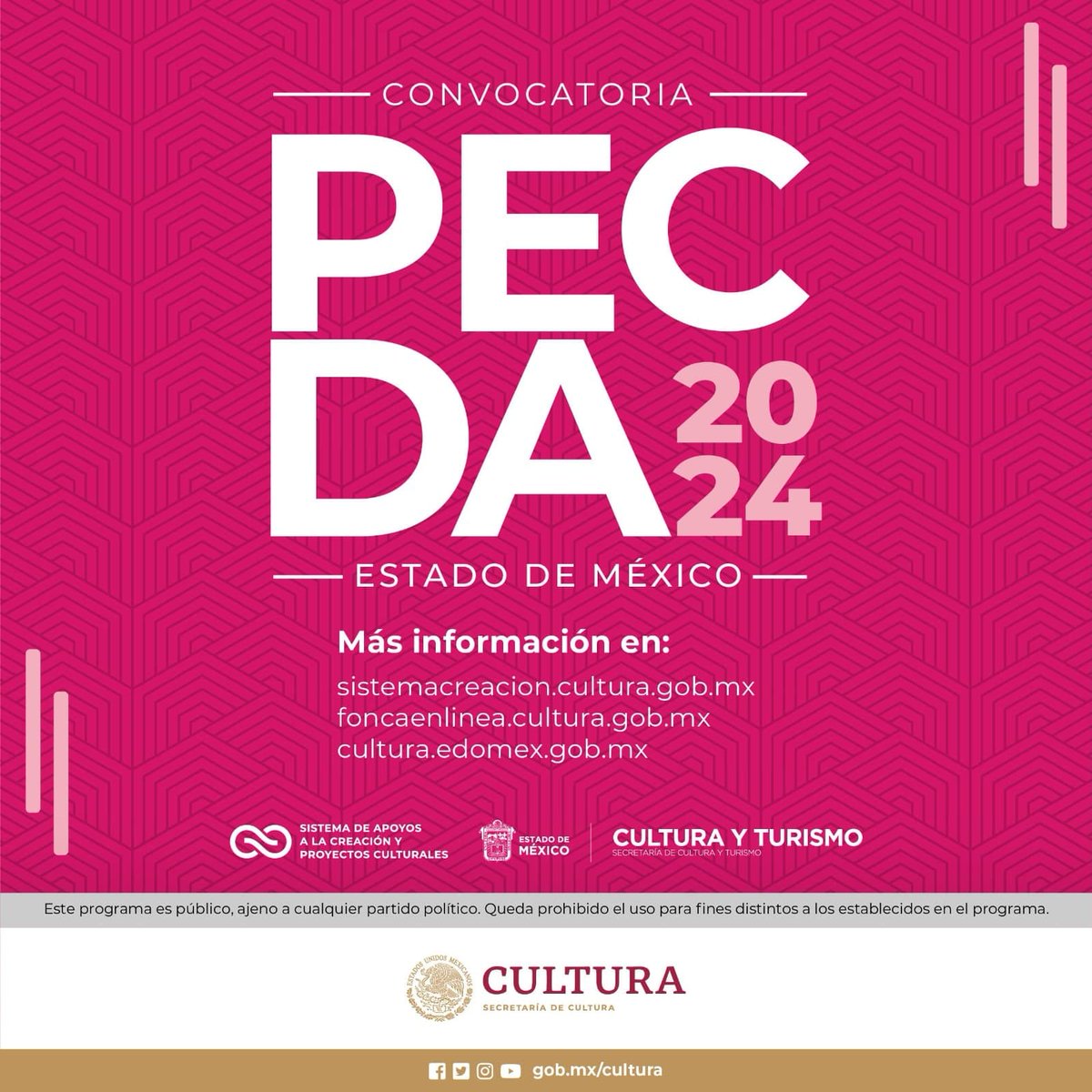 🔸 Participa en la convocatoria #PECDA 2024 (Programa de Estímulo a la Creación y Desarrollo Artístico), y concursa por uno de los 43 apoyos económicos para el desarrollo de proyectos artísticos de las diferentes disciplinas. Consulta la convocatoria en: goo.su/SN2ApY9