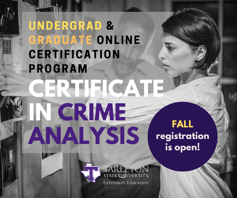 2024 Fall registration is still open for both the Undergrad and Graduate Certificate in Crime Analysis programs.

Register here: bit.ly/3MoDn6y