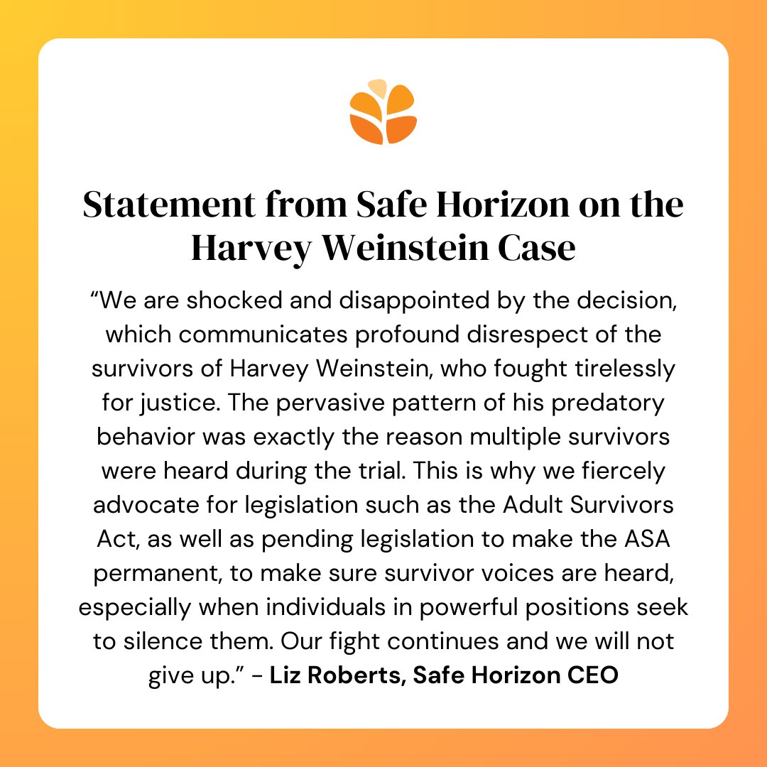 We are shocked and disappointed about the overturning of #HarveyWeinstein's 2020 conviction. Read our full statement.