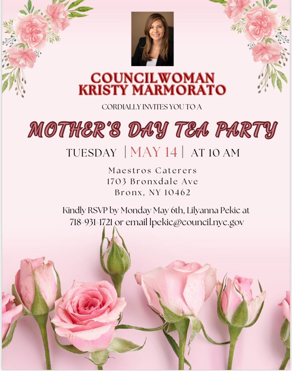 May means Mother’s Day! 

Join us in celebrating the mother figures in our lives and in District 13 with a special tea party 🫖 🌸 

📍 1703 Bronxdale Ave
🗓️ Tuesday, May 14
⏰ 10am

Must RSVP by calling 718-931-1721 or emailing lpekic@council.nyc.gov