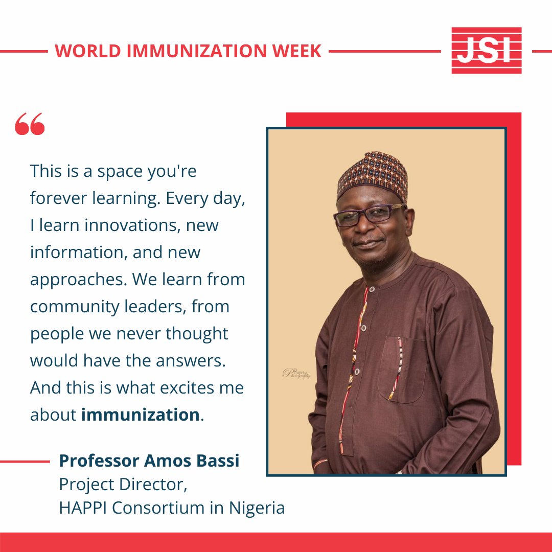 This #WorldImmunizationWeek, let's commit to protecting future generations. 🌟Meet our colleague Amos Bassi as he shares how the EPI's legacy is one of success. Learn about #Nigeria’s actions: jsi.com/nigerias-actio… #EPI50 #VaccinesWork #WIW2024 #HumanlyPossible