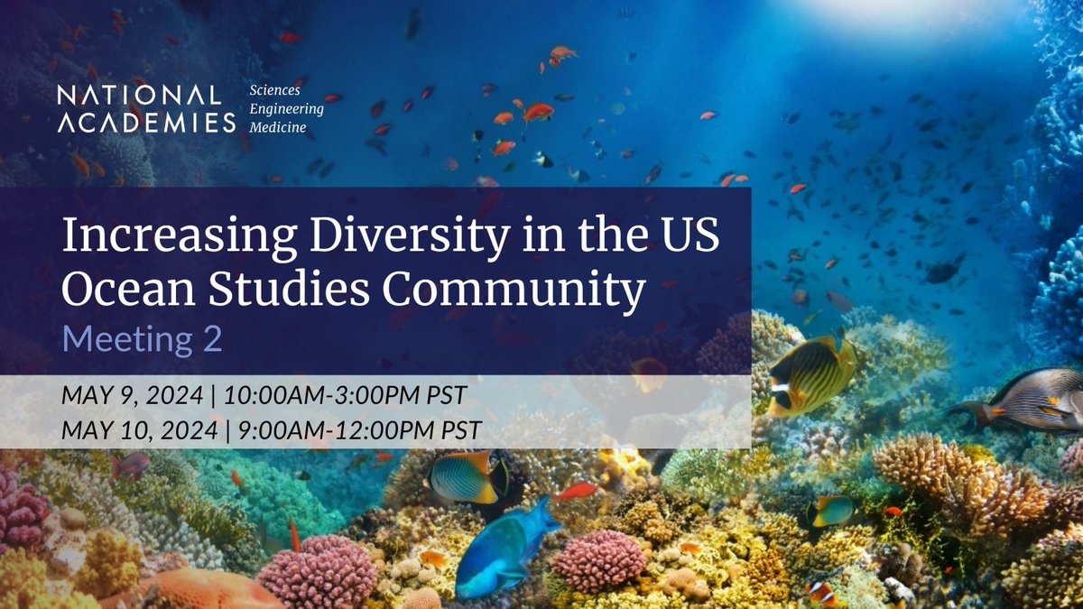 Join our @theNASEM committee on May 9-10 for a meeting on working to increase diversity in the ocean science community. Register here: bit.ly/osb_increasing… @UW_SAFS @MarineBiologyUW @UWEnvironment @TOSOceanography @aslo_org @USCWrigley @WASeaGrant @whoi_academic @Scripps_Ocean
