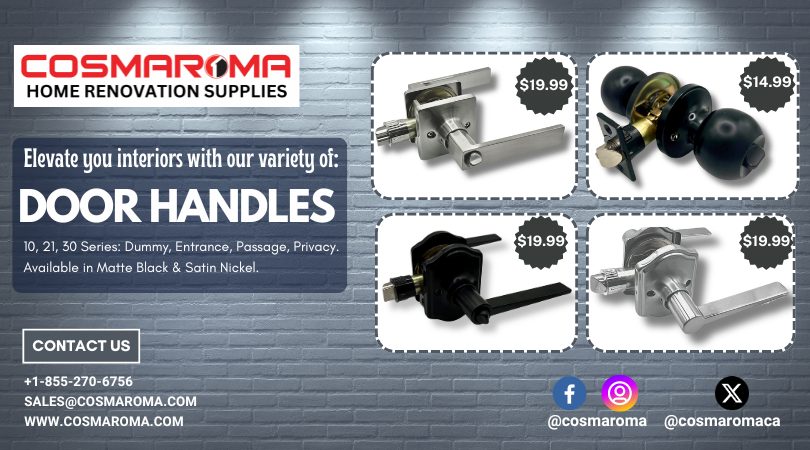 Upgrade your space with our premium Door Handles in 10, 20, 30 series. Choose from Dummy, Entrance, Passage, Privacy types in Matte Black or Satin Nickel finishes for style and durability.
#doorhandles #DoorHandleDesigns #COSMAROMA #doorhandleshop #doorhandlesupplier