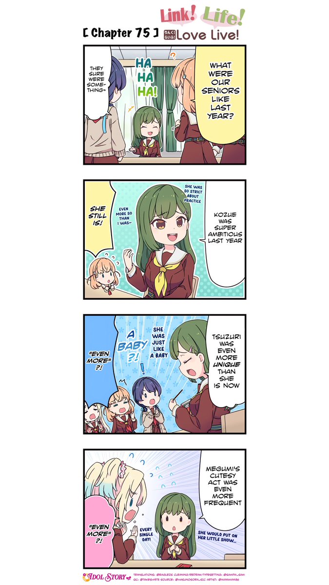 [Link! Like!] 💬Comic💬 🪷Link! Life! Love Live! [Chapter 75]🪷 Find out what Kozue, Tsuzuri, and Megumi were like when they were 1st years! ↓ JP ver. & HQ EN ver. ↓ 🌟 idol.st/comic/209/Link… 🌟 #LoveLive #蓮ノ空 #リンクラ #リンクラ4コマ