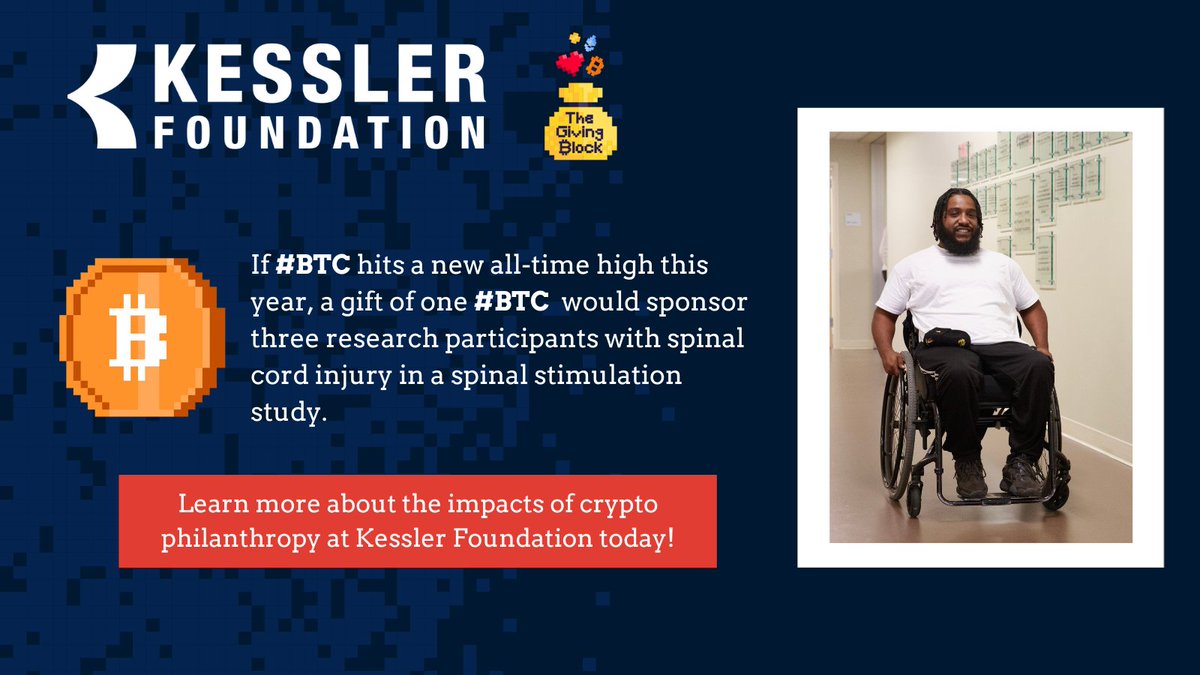KesslerFdn's tweet photo. If Bitcoin hits a new all-time high of $75K this year, a donation of 1 #BTC would sponsor 3 research participants with spinal cord injury in a spinal stimulation study. Learn about the impacts of #cryptophilanthropy: https://t.co/DAky80U5tL

@TheGivingBlock #KesslerResearch https://t.co/R2k8yd7Vol