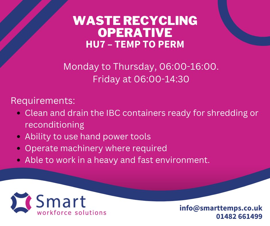 smart_temps's tweet photo. Hot Jobs!

Scroll through our latest temporary and temp to perm jobs.

For more information, please get in touch with our team - 01482 614099 or email info@smarttemps.co.uk.

#jobshull #jobsbeverley #flt #nights #dayshifts https://t.co/cPazADXT0n