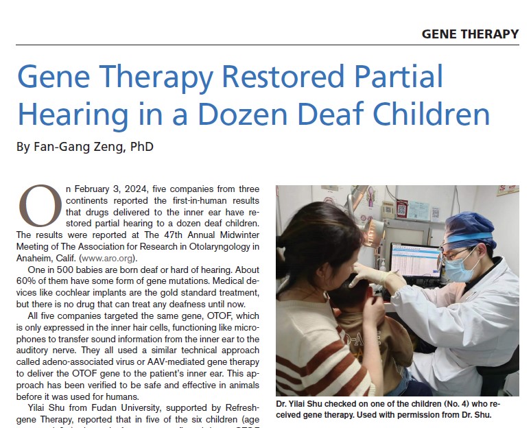 In an amazing breakthrough, #genetherapy has restored partial hearing in a dozen #deaf children. Learn about the incredible science behind this achievement and its implications for the hearing care community. ow.ly/XYOH50RcNLT #AuDpeeps #pediatrichearingloss @fgzeng