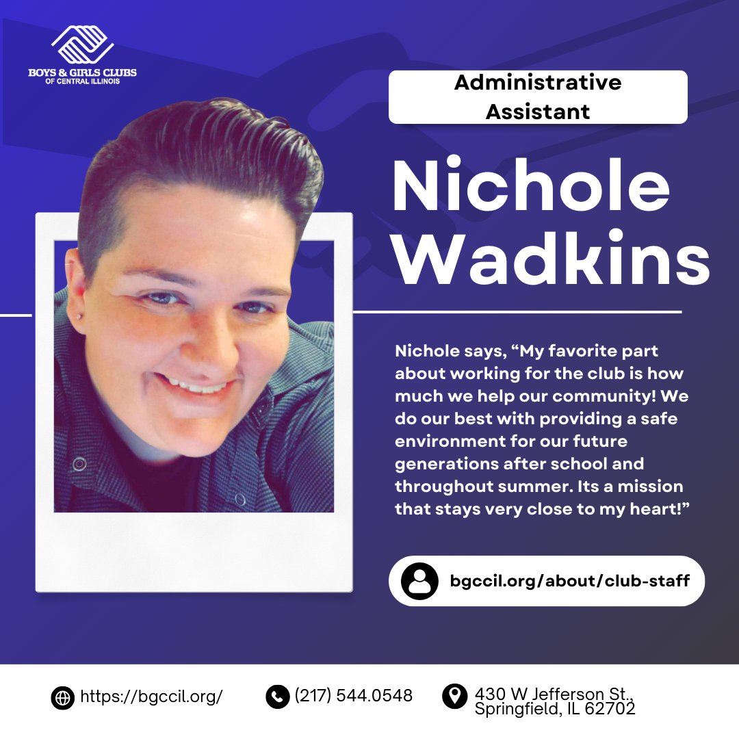 BGCCIL's tweet photo. MEET THE TEAM SERIES: Nichole Wadkins, Administrative Assistant

Thank you for everything you do for the Club in propelling our mission forward, Nichole! We appreciate you. 🤝💙

#GreatFutures #LuvTheClub #ClubAppreciation https://t.co/DSLon0E9A3