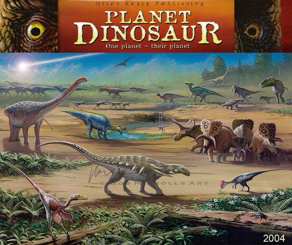 My 25 years of palaeoart chronology... I illustrated several books in 2004. One of them was PLANET DINOSAUR, by Steve Parker and Miles Kelly Publishing. I will post the five main paintings throughout today. Last: Late Cretaceous. #SciArt #SciComm #Dinosaurs #PalaeoArt #PaleoArt