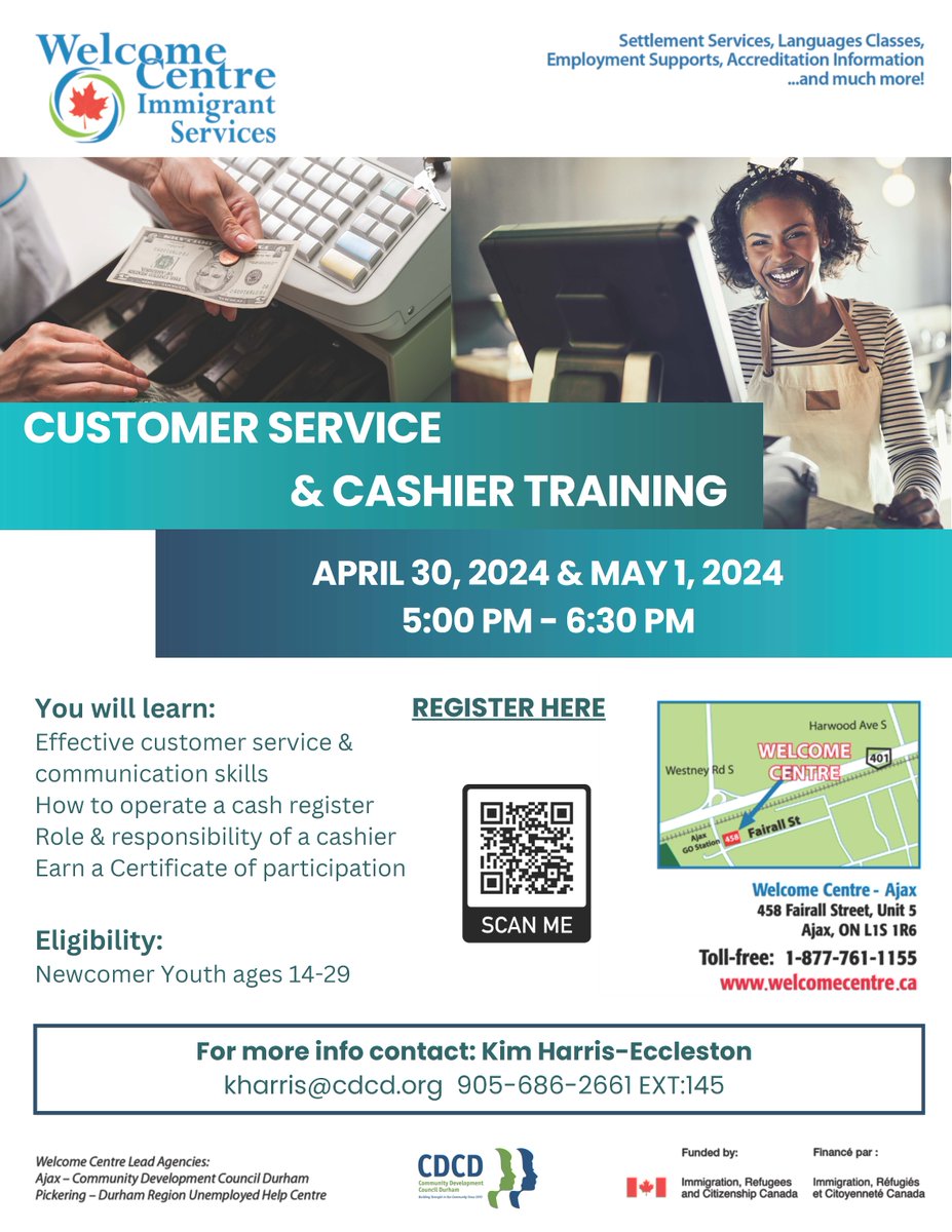 durham_york's tweet photo. Join us for an immersive Customer Service &amp; Cashier Training!  

You will learn:
- Effective customer service and communication skills
- How to operate a cash register
- Role and responsibilities of a cashier

🗓️April 30th and May 1st
🕐5:00 PM - 6:30 PM
📍Ajax Welcome Centre https://t.co/YtU5FrjiUm