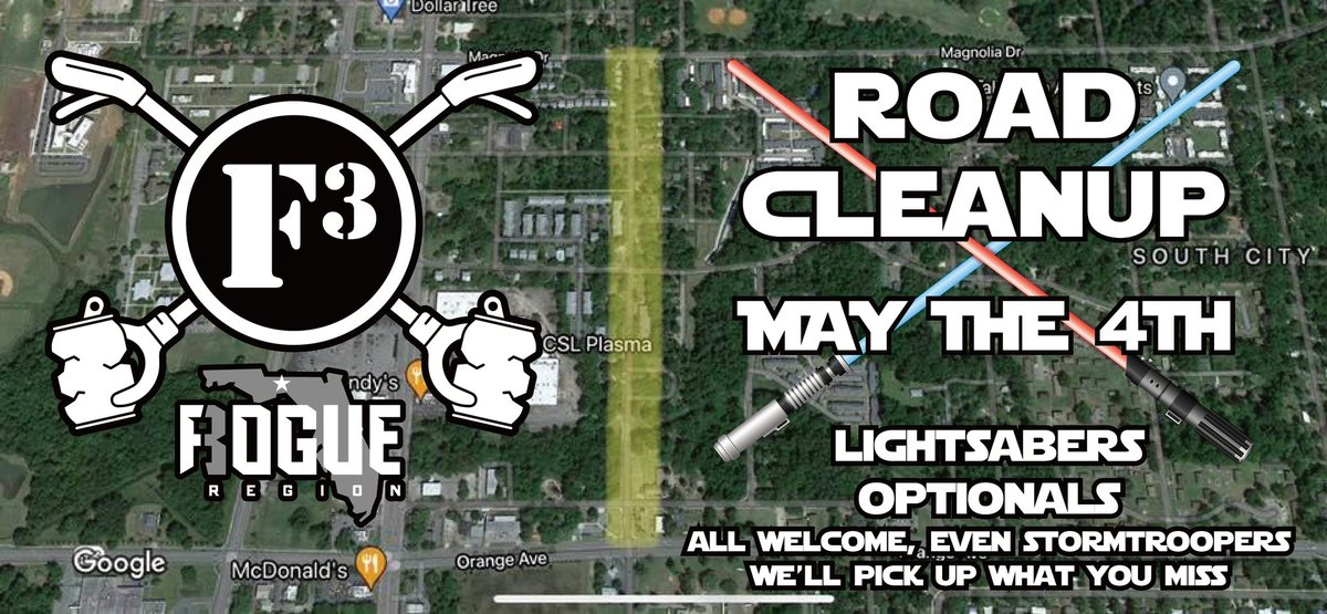 Road clean-up is on Saturday, May 4th, after the workout at the Falls!  8:45 at the Save-A-Lot parking lot on South Monroe.  We'll head out the back of the parking lot to Meridian &amp; Cleanup takes about 1.5 hrs, depending on how many people we have.
Family is welcome, so bring em!