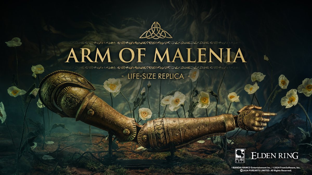 Tarnished, this one is for you ✨ Your gaming room isn’t complete without Demigod Boss Malenia’s ornate prosthetic arm. Choose between a base display or wall mount 👀 Pre-order the Arm of Malenia Life-Size Replica here ⬇️ ow.ly/gxW750RoatW