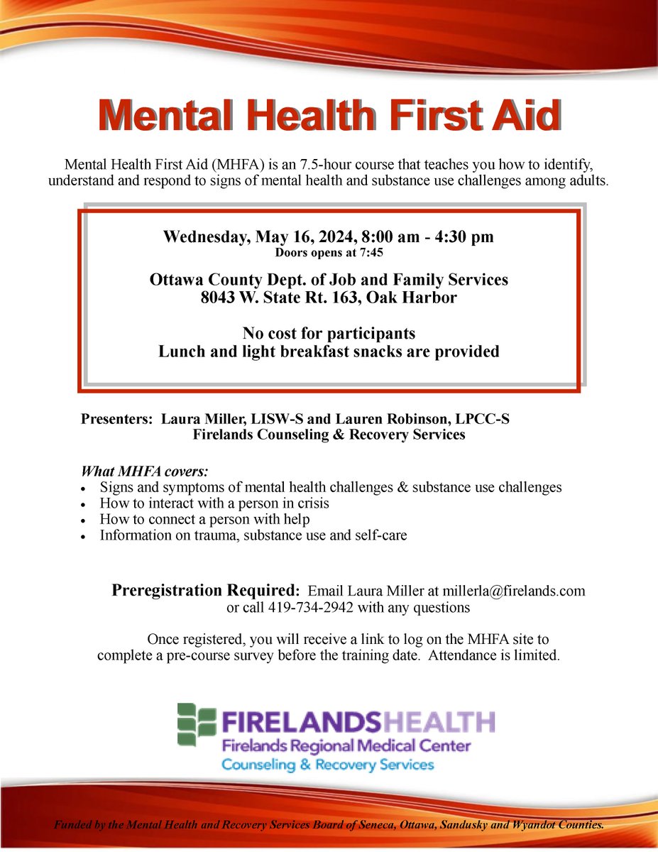 Mental Health First Aid helps train anyone in the community to recognize when someone is having mental health and substance use challenges, and how best to respond. Contact Firelands Counseling to sign up for this important training. 

#magruderhospital
#improvinglivestogether