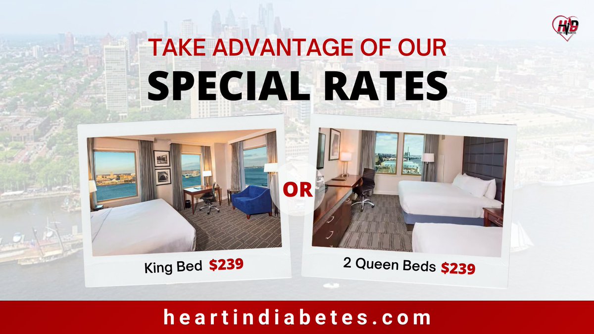 Experience the 8th Annual Heart in Diabetes conference in comfort and luxury. Book your room at the Hilton Philadelphia at Penn's Landing using group code HID24 for exclusive rates. Reserve your room at heartindiabetes.com/accommodations for an unforgettable stay! #HID24 #MedEd