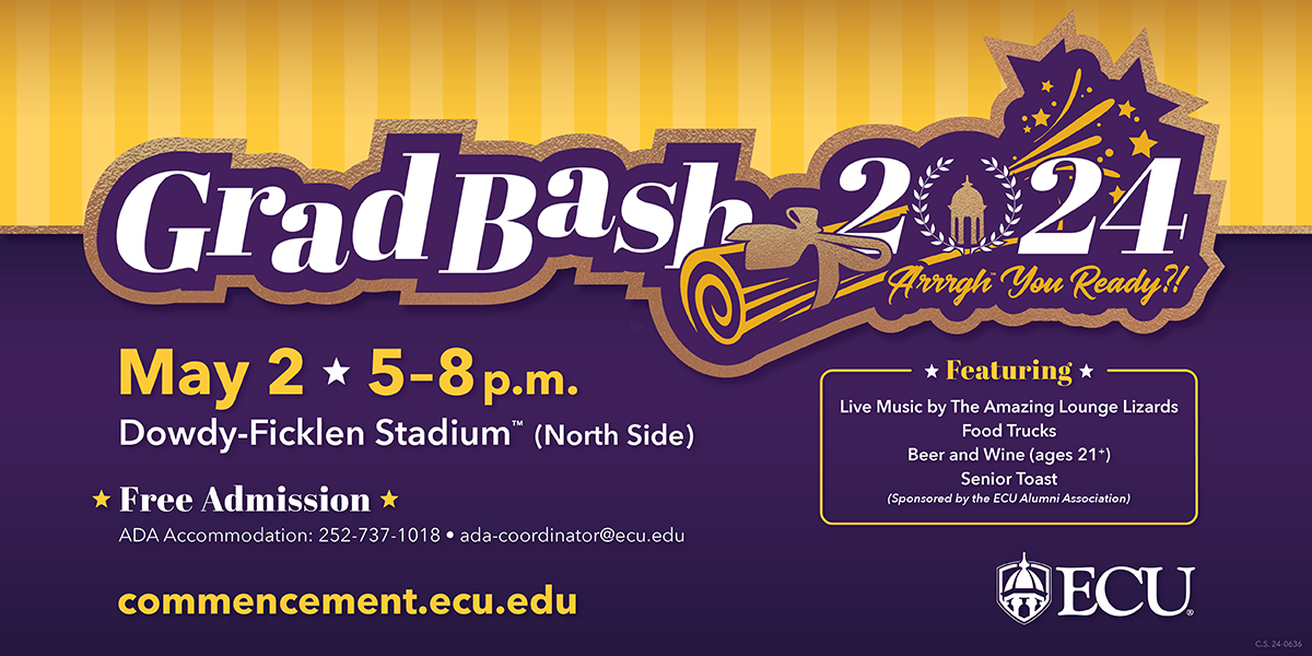 T-minus 1️⃣ week until Grad Bash 🎉 #Arrrgh you ready, #ECU24? ☠️ 🗓️ May 2 ⏰ 5-8 p.m. ℹ️ commencement.ecu.edu