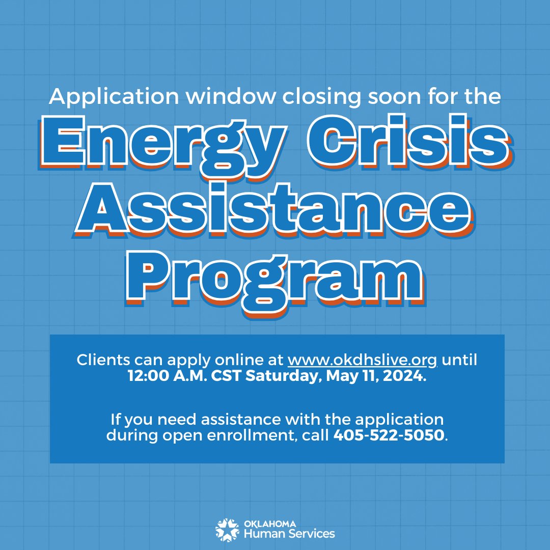 🔔 Time is running out to apply for the Energy Crisis Assistance Program! 🔔 Act fast and apply online at okdhslive.org. Need assistance with your application? Call 405-522-5050 for support during open enrollment.