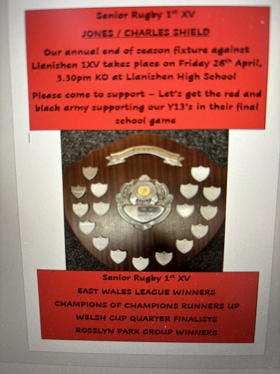 MR GARETH JONES - the annual 1XV JONES / CHARLES fixture between CARDIFF HIGH and LLANISHEN takes place tomorrow, 3.30pm KO at Llanishen HS. Come along to support!