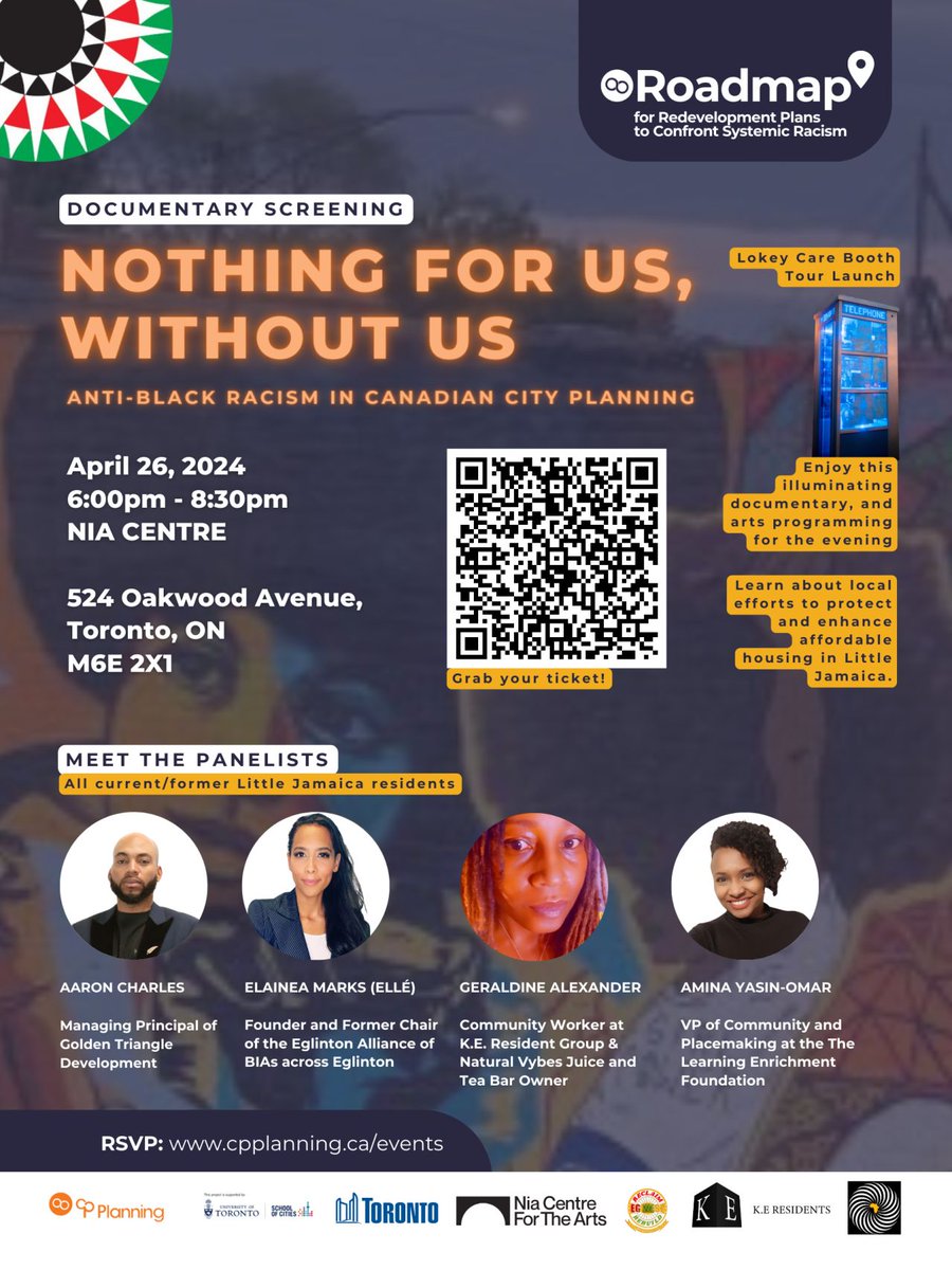 Apr. 26, 6 PM: Join @CPPlanning_ for a community launch of our doc on anti-Black racism in city planning, followed by leaders from Little Jamaica in conversation about visions to overcome systemic barriers & ensure that Black communities can thrive: eventbrite.ca/e/documentary-…