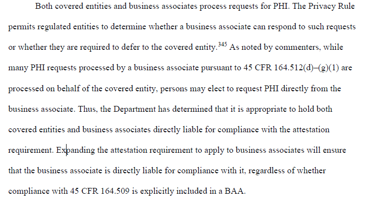 ResearchWrigley's tweet photo. According to the current text, HHS will hold #BusinessAssociates directly liable for compliance with attestation requirements in the context of reproductive health care. #ReproductiveData #DataPrivacy #HIPAARule https://t.co/Tj0oY2ZbNB