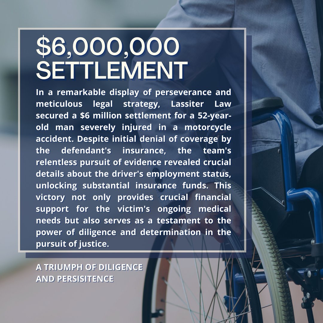 🤕💥🏍 Road To Victory: $6 Million Settlement for Motorcycle Accident Victim🏆 

MORE CASE RESULTS 👉🏼 ow.ly/526350R8c8a

#LassiterLawFirm #HoustonPersonalInjury #HoustonPersonalInjuryLawyer #Houston #Lawyer #PersonalInjury #caseresult#JusticePrevails  #LegalVictory
