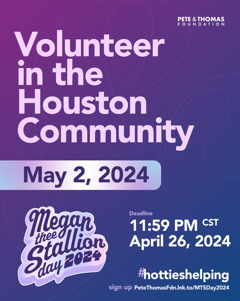 🚨 Calling all hotties! 🚨 In celebration of Megan Thee Stallion Day on May 2nd, give back to your community! The Pete and Thomas Foundation is hosting two community service projects in Houston. Help us assemble Mother’s Day gift bags at @AVDA_TX or renovate the Literacy Room &…