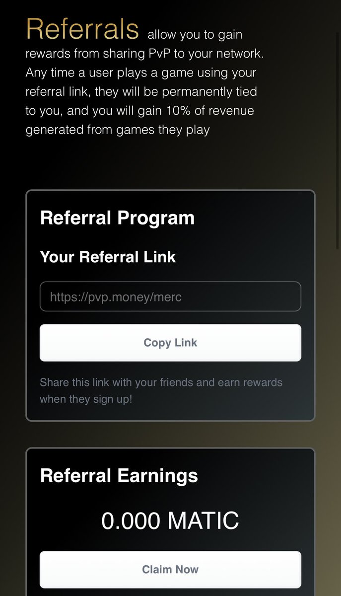 @Neverroninn_ Have you created your unique referral link?

You can earn platform fees off the volume generated from their gameplay

All fee are paid out of the platforms cut and does not impact the players😎

#PVPMONEY #EarningPotential