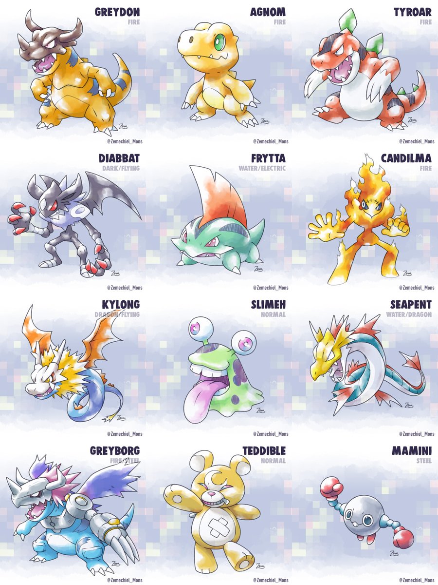 Not a big reveal but here they are, still gotta make the individual flavor text tweets for each, or maybe make a dex site, what do you think? #pokemon #digimon #デジモン