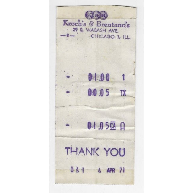One of my favorite topics to post on Vanished Chicagoland are items from Kroch’s & Brentano’s Bookstore! Here is a receipt from there dated April 6, 1971. That's pretty cool!