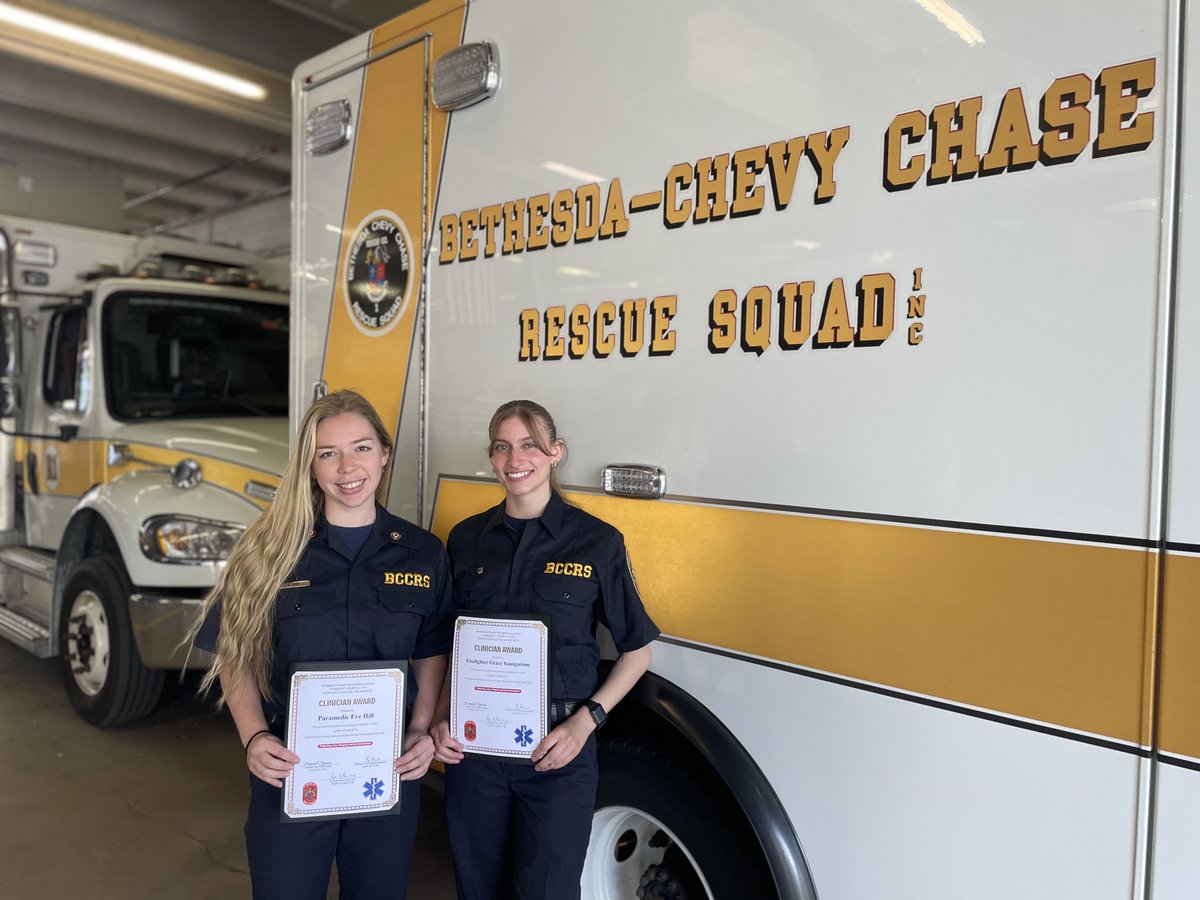 BCCRS Firefighter Grace Youngstrom and Paramedic Eve Hill were recently awarded a Montgomery County Fire Rescue (MCFRS) Clinician Award for their exemplary work responding to a cardiac arrest call on Dec 11, 2023, on M707 along with PE726, and EMS702. #bccrs #ems #lifesavingwork