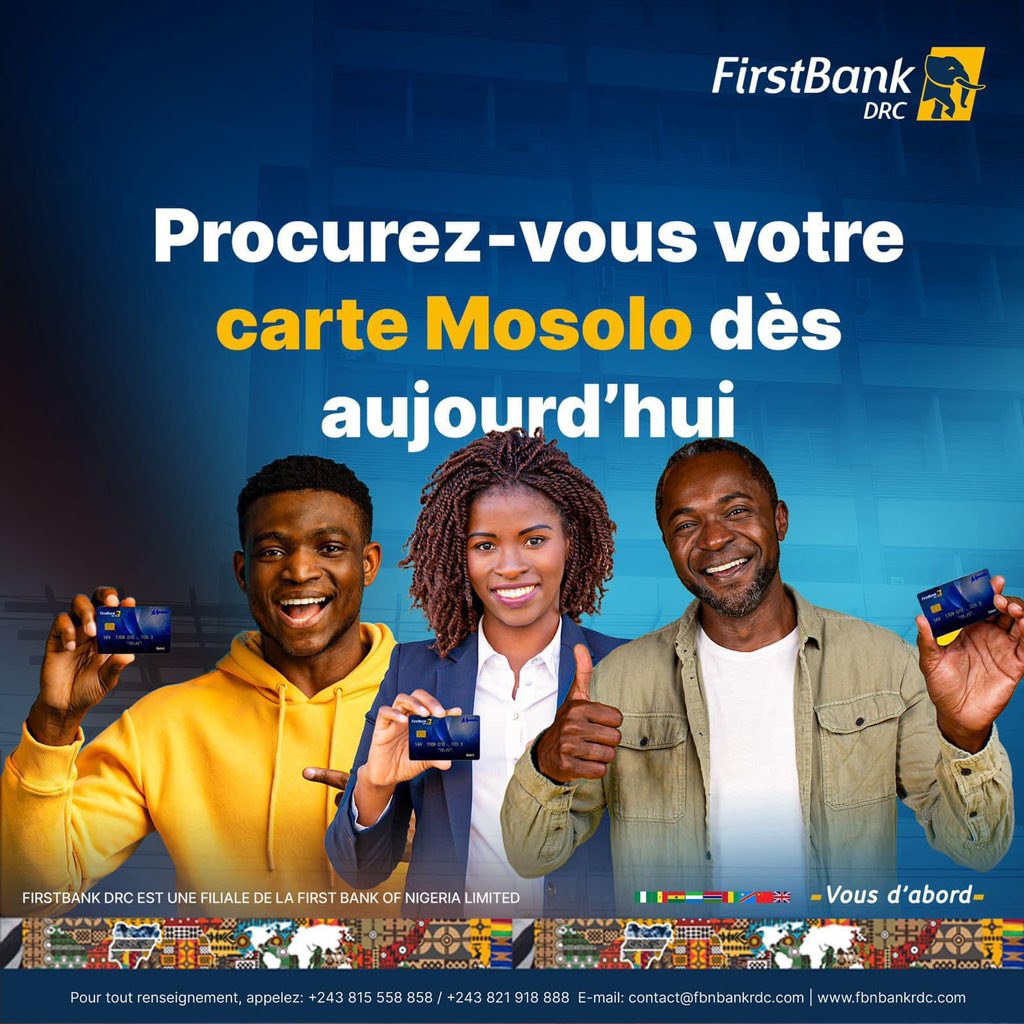 FirstBankDRC's tweet photo. Alors, avez-vous déjà obtenu votre carte locale Mosolo 💳?
Les cartes Mosolo sont disponibles dans toutes nos agences 🏦. N'attendez plus, rendez-vous dans l'agence FirstBank DRC la plus proche de chez vous pendant les heures d'ouverture.
#firstbankdrc #mosolo https://t.co/YyOTtAnlfh