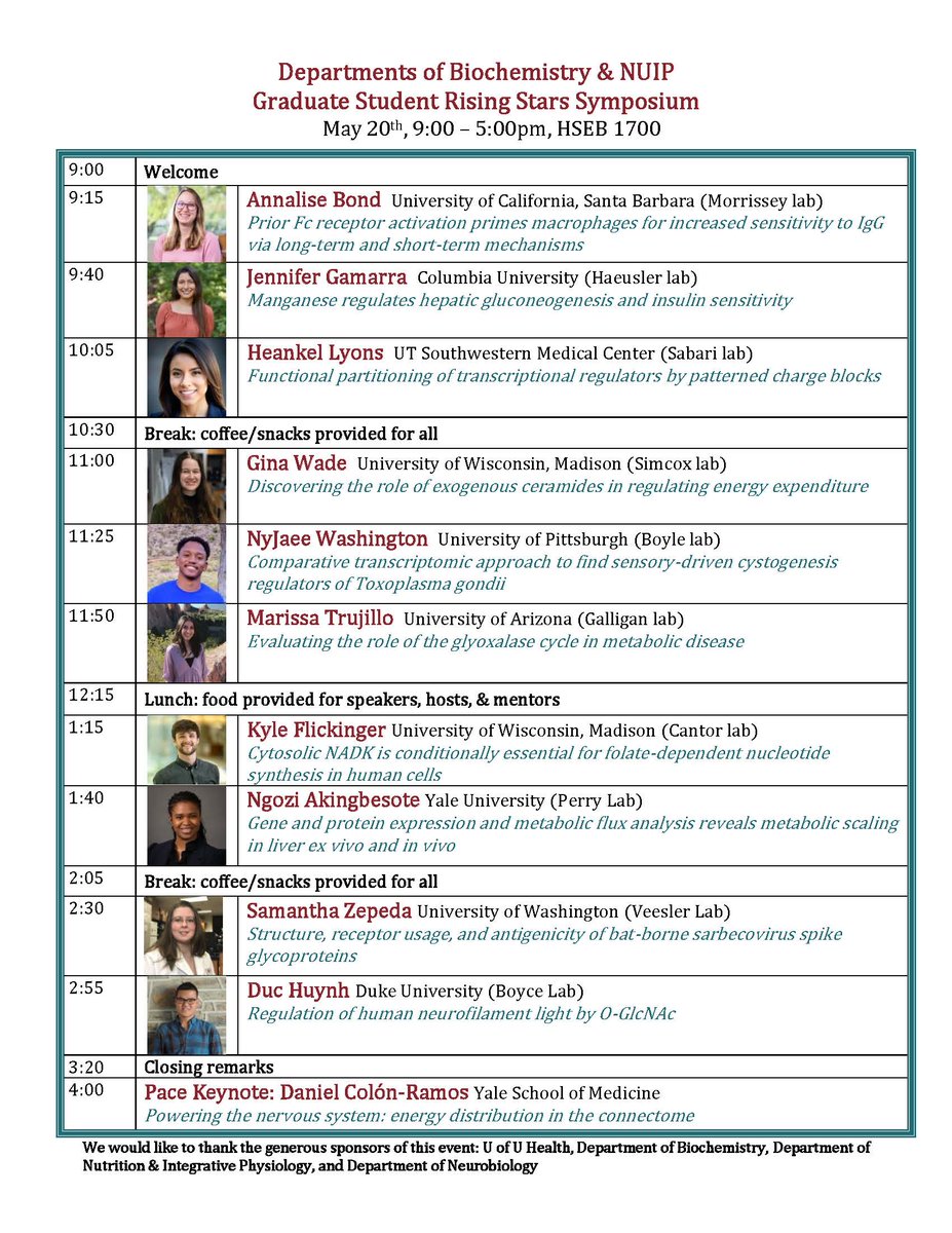 UofUBiochem's tweet photo. Monday, May 20th, we'll be hosting a symposium featuring 10 talented Graduate Student Rising Stars, starting at 9am in HSEB 1700! @uofunuip @AnnaliseBond @Heankel_ @JustWadeAMinute @jaee_saucy @MarissaNT96 @kyle_flickinger @dumebiike @Sam_K_Zepeda @DucHuynh1393 @dacolon https://t.co/Mu8aZnkT3R