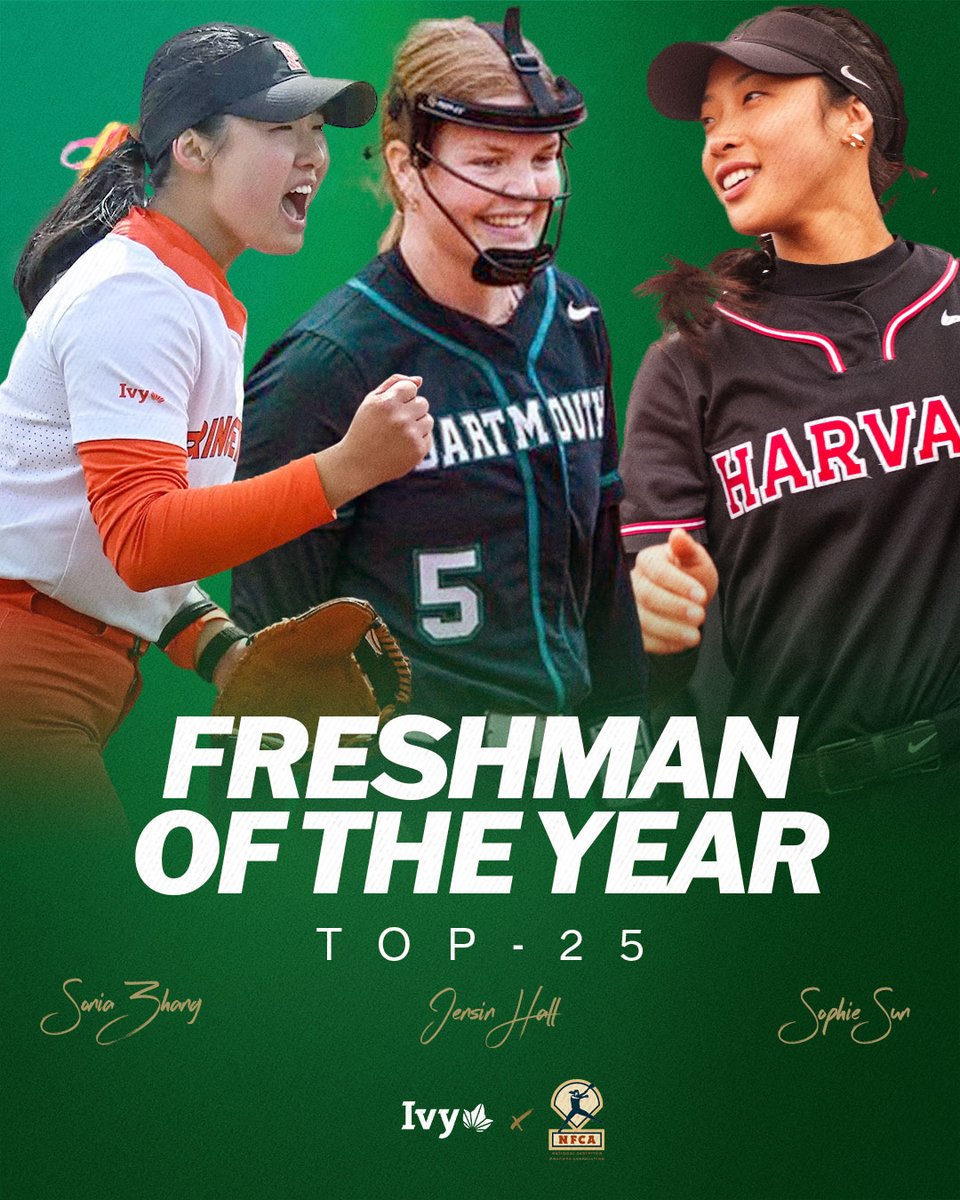THE FUTURE IS BRIGHT. An Ivy record three student-athletes — all from three different programs — were represented on the TUCCI/@NFCAorg National Freshman of the Year Top-25 list. 🌿🥎 🌿 Sonia Zhang, @PUSoftball 🌿 Jensin Hall, @DartmouthSball 🌿 Sophie Sun, @HarvardSB