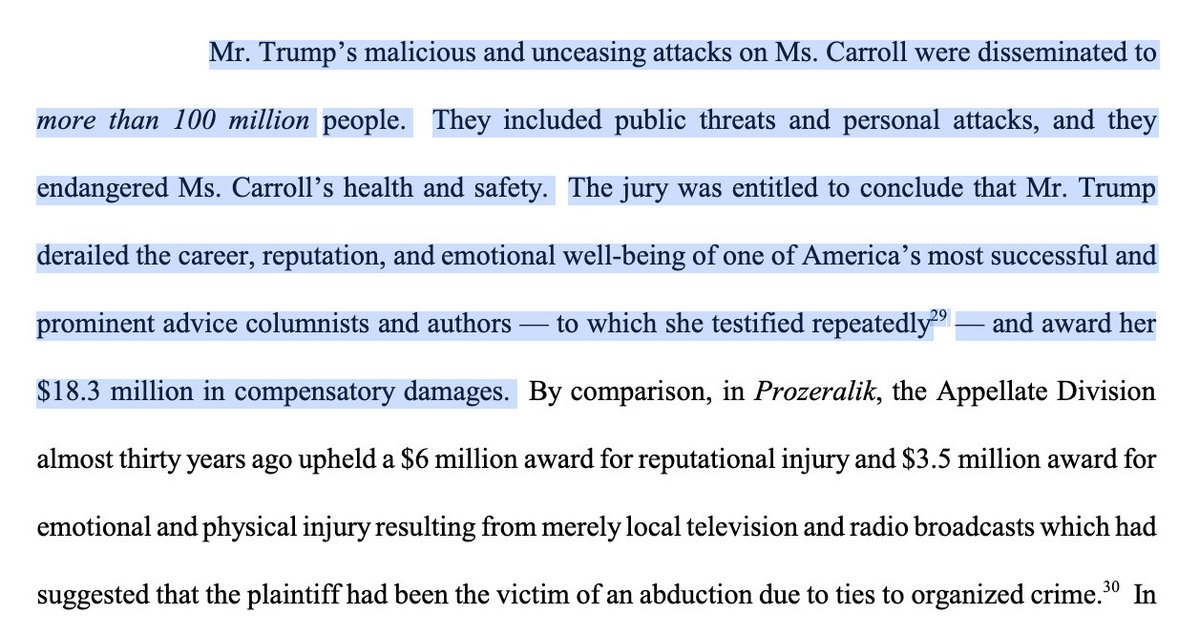 From Judge Kaplan's ruling affirming E. Jean Carroll's award: 'Mr. Trump’s malicious and unceasing attacks on Ms. Carroll were disseminated to more than 100 million people. They included public threats and personal attacks, and they endangered Ms. Carroll’s health and safety.'