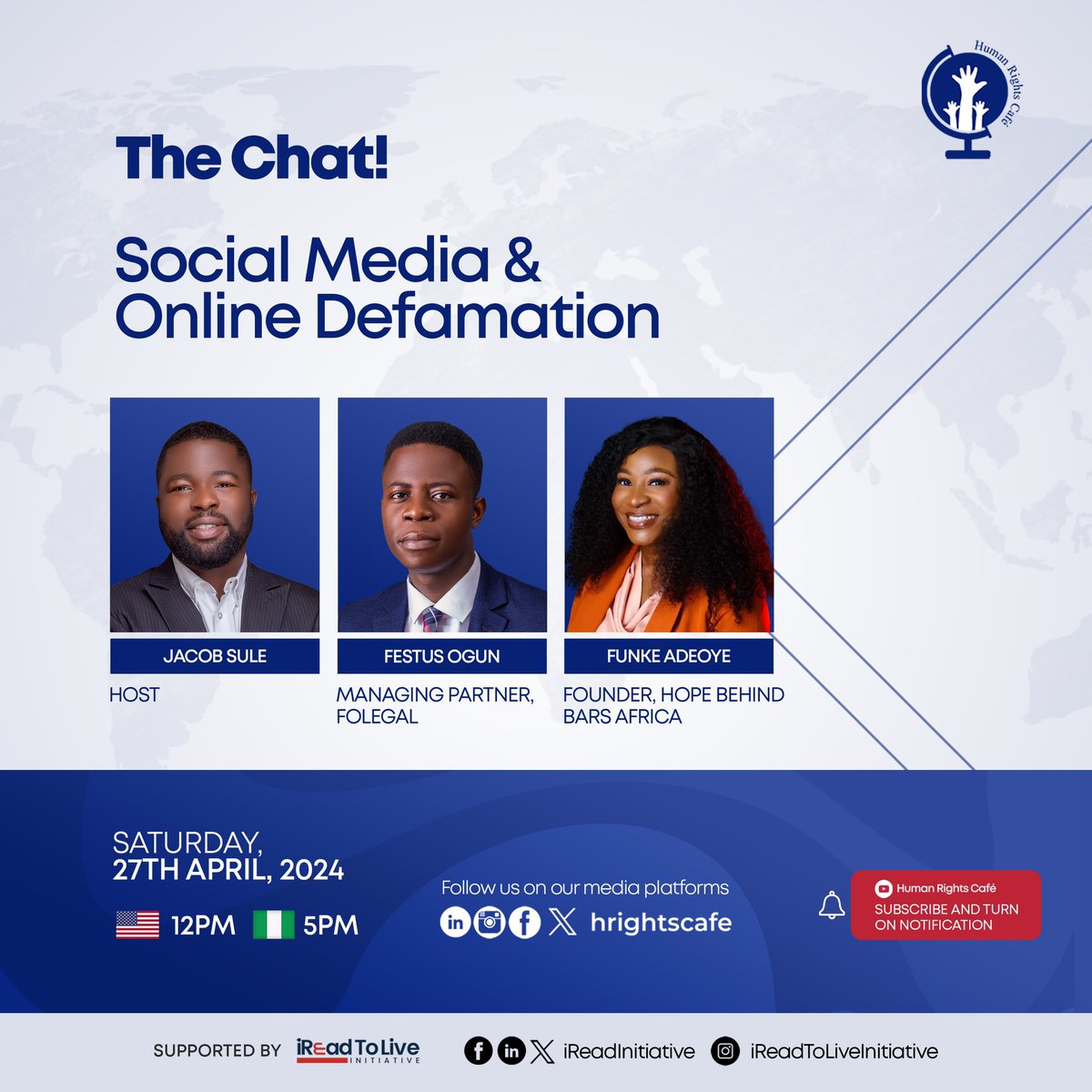 We are turning our focus to discussing ‘Social Media &amp; Online Defamation’ on Saturday with <a href="/thefunkeadeoye/">Funke Adeoye</a> and <a href="/mrfestusogun/">FESTUS OGUN</a> at 5 pm Nigerian time. Also, looking forward to hearing about <a href="/hopebehindbar/">HOPE BEHIND BARS AFRICA (Criminal Justice Reforms)</a> interventions &amp; <a href="/FOLegal/">FOLEGAL</a> dispute resolution efforts.