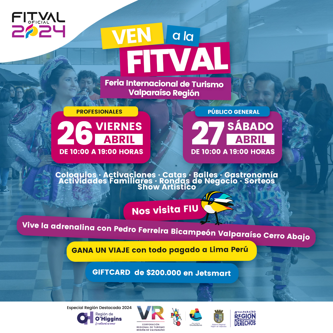 EFEValparaiso's tweet photo. Este 26 y 27 de abril estaremos en la Feria Internacional de Turismo Valparaíso Región #FITVAL 🤩, en el 📍 Terminal de Pasajeros. Súbete al tren y bájate en estación Francia 🚊¡Conoce todos los atractivos turísticos de la región! 🙌
Más info en: https://t.co/GfdkeaGKke https://t.co/HJxpKC5DQz