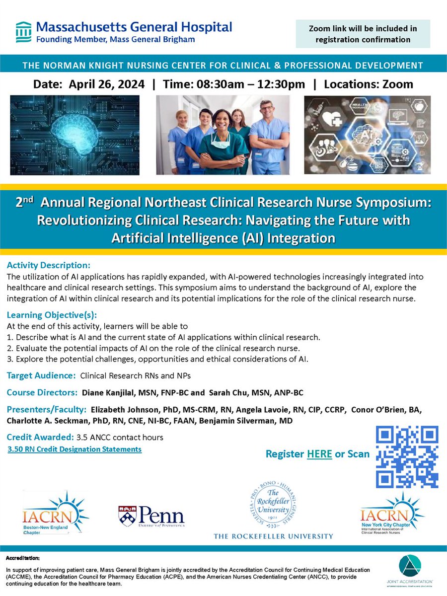 There's still time to register for the 2nd Annual Regional Northeast Clinical Research Nurse Symposium! Tomorrow's virtual program focuses on aspects of AI that are applied to clinical research. CEUs offered! Times are in EDT.

Register now: linktr.ee/iacrn