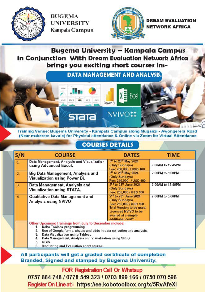 *Register online at👇👇👇👇

ee.kobotoolbox.org/x/5RvAfeXI

*COURSES*
1. ADVANCED EXCEL  - 05th - 26th May.
2. POWER BI - 5th to 26th May.
3. STATA - 2nd to 23rd June.
4. NVIVO - 2nd to 23rd June

*FEE:* UGX 250,000/= / USD 100 for international participants. #BugemaUniversity