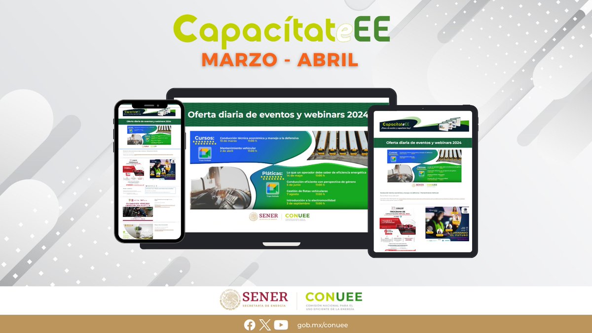 Encuentra en #CapacítateEE información sobre eventos, foros, talleres y diplomados que se realizarán en abril. Entra y amplía tus conocimientos en el campo de la #EficienciaEnergética 🖱️bit.ly/3lbhSJ4